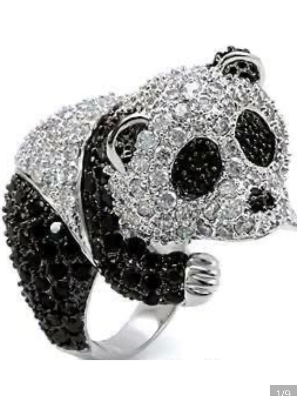 Black White Micro Pave set Cz animal Panda Bear Cocktail statement Ring Silver